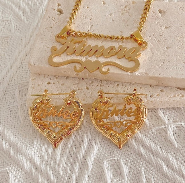 Custom Name Necklace & Bamboo Heart earrings set