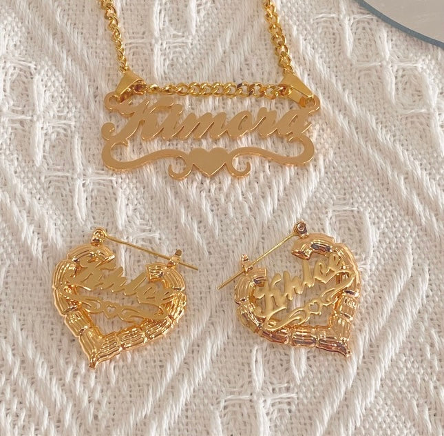 Custom Name Necklace & Bamboo Heart earrings set