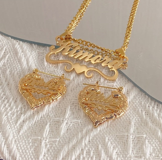Custom Name Necklace & Bamboo Heart earrings set