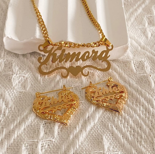 Custom Name Necklace & Bamboo Heart earrings set