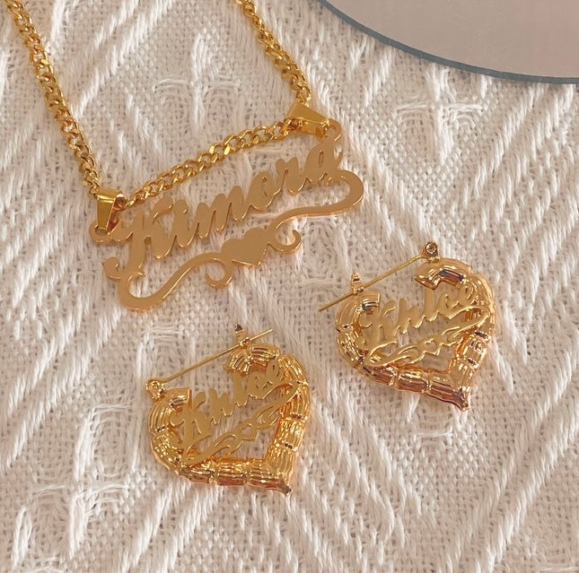 Custom Name Necklace & Bamboo Heart earrings set
