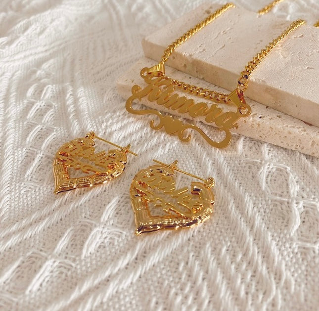 Custom Name Necklace & Bamboo Heart earrings set