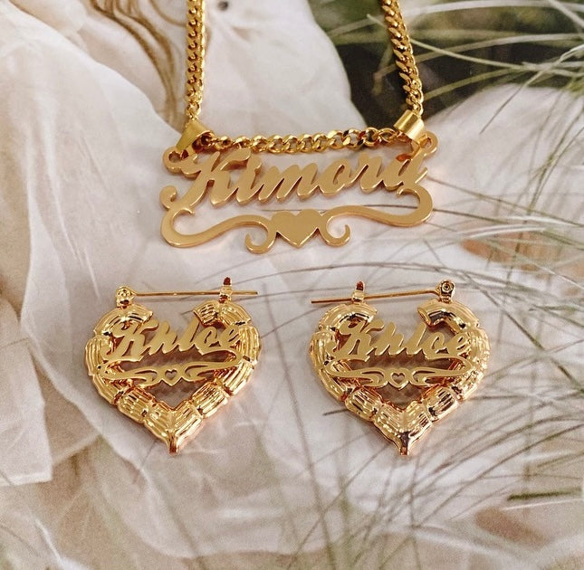 Custom Name Necklace & Bamboo Heart earrings set