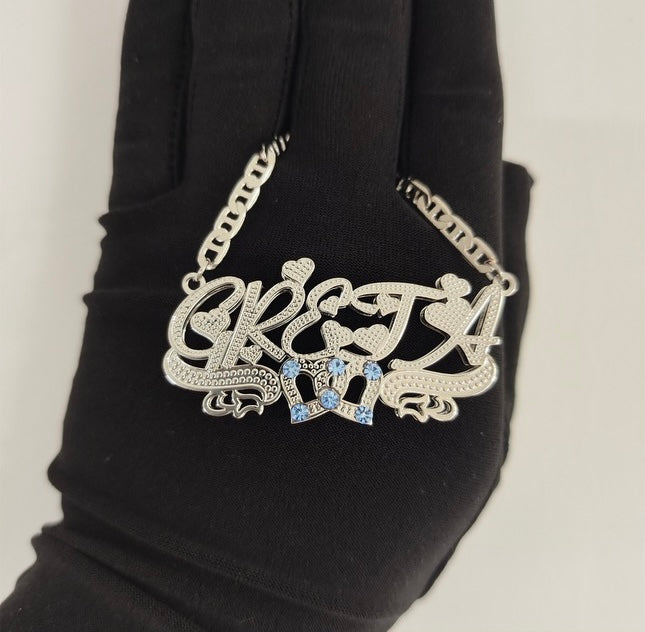 3D Name Necklace w/ 2 Hearts and Birthstone