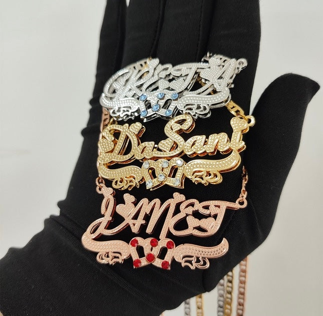 3D Name Necklace w/ 2 Hearts and Birthstone
