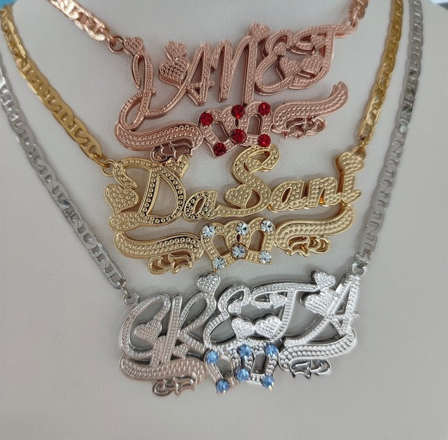3D Name Necklace w/ 2 Hearts and Birthstone