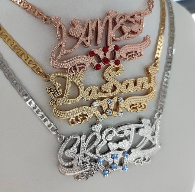 3D Name Necklace w/ 2 Hearts and Birthstone