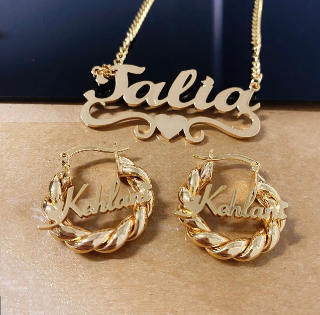 Mini Twisted Hoop Earrings & Custom Name Necklace Set (Baby/ Kid Edition)