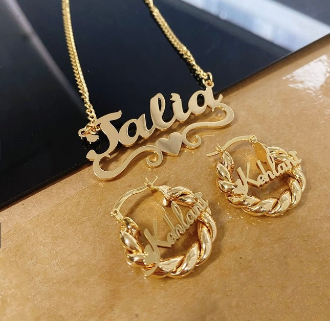 Mini Twisted Hoop Earrings & Custom Name Necklace Set (Baby/ Kid Edition)