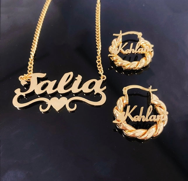 Mini Twisted Hoop Earrings & Custom Name Necklace Set (Baby/ Kid Edition)