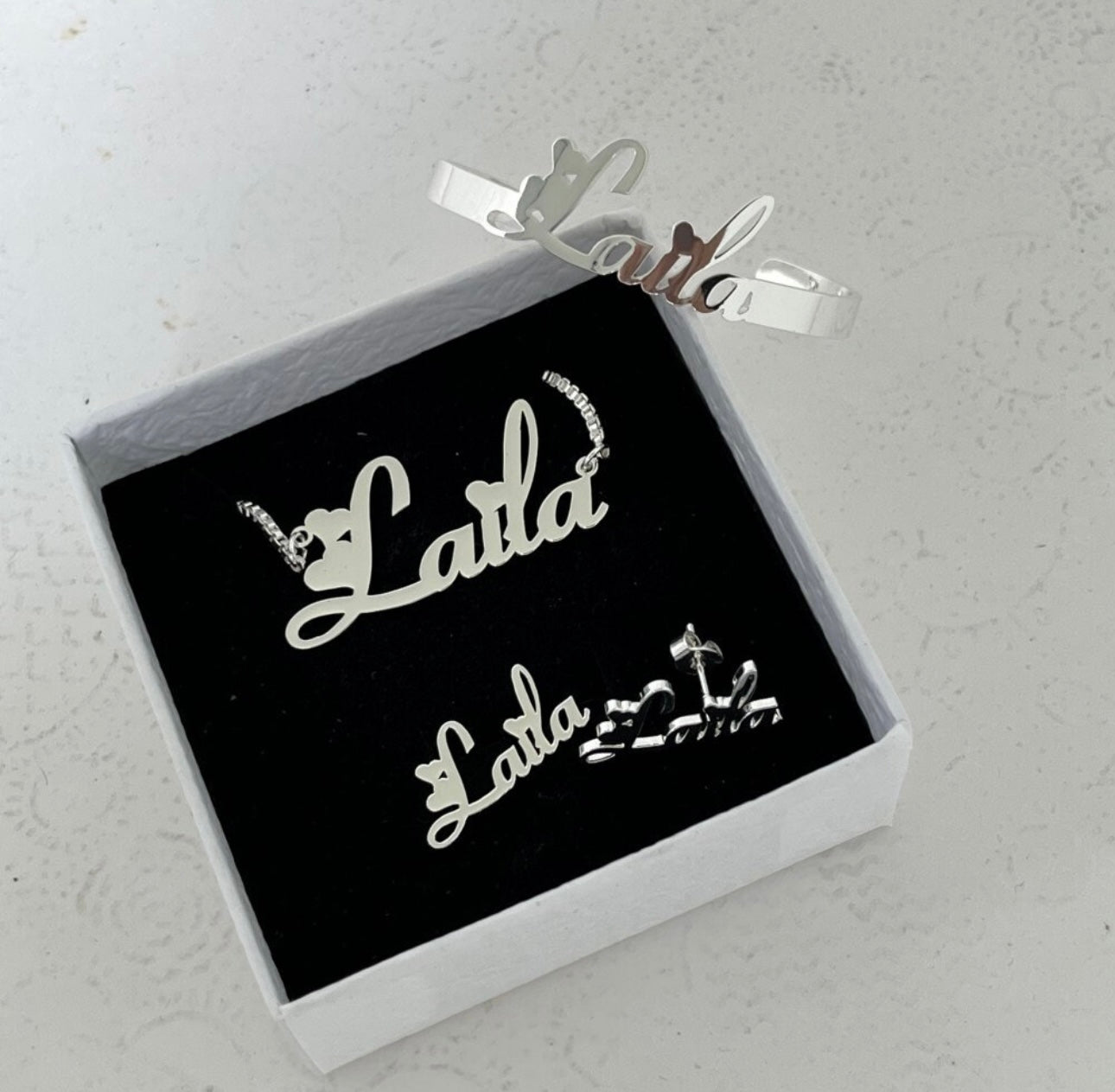 Heart Name Jewelry Set (Necklace, Earrings , & Bracelet – Kids)