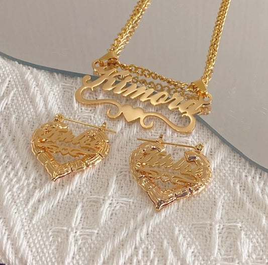 Custom Name Necklace & Bamboo Heart earrings set