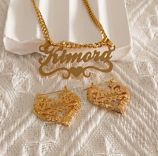 Custom Name Necklace & Bamboo Heart earrings set