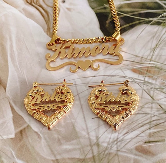 Mini Custom Name Necklace & Bamboo Heart Earrings Set